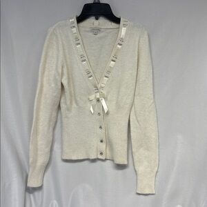 Boston Proper Angora blend Cream and jewel mid button up Knit Cardigan xs